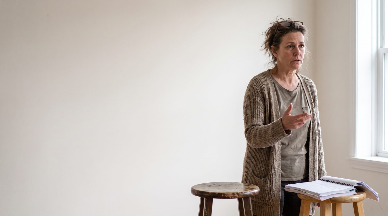 An acting teacher giving a note in a plain studio
