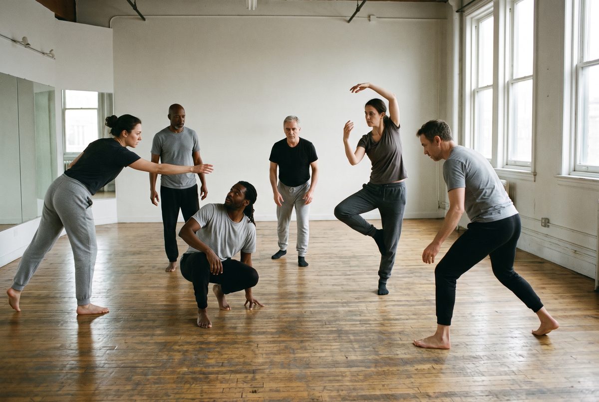An adult acting class doing a physical movement exercise in a studio