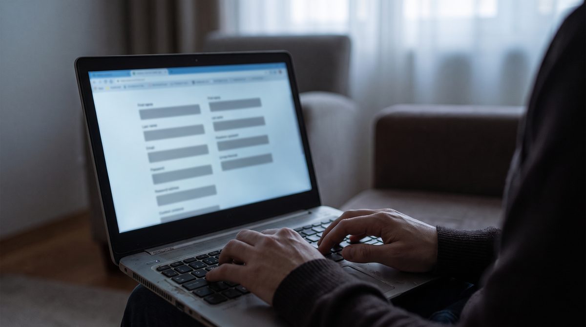 A laptop screen showing an online profile form with empty input boxes