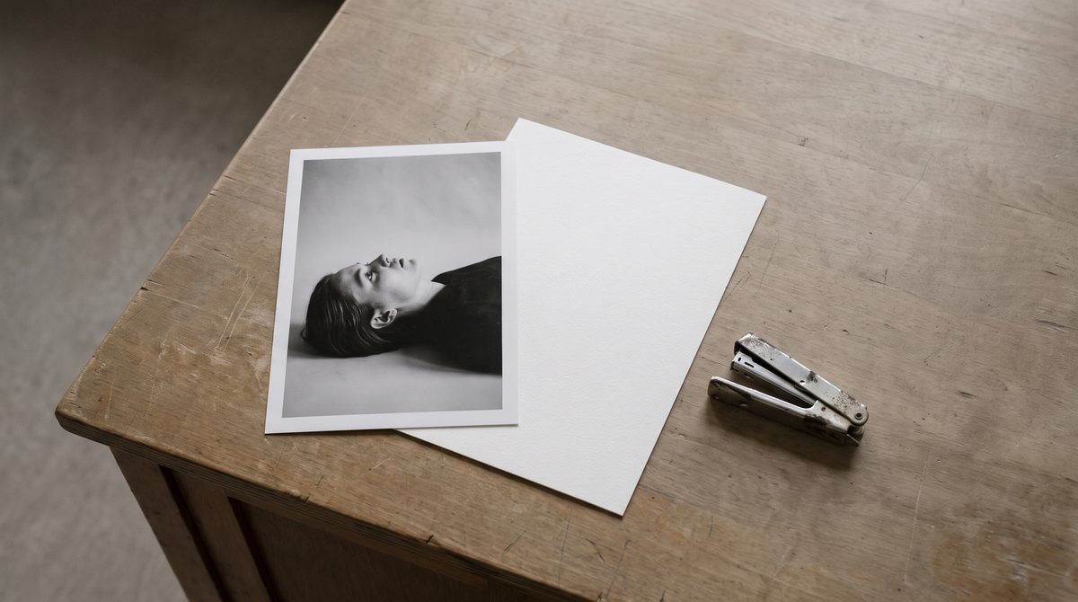 A printed portrait photograph and a sheet of paper on a desk beside a stapler
