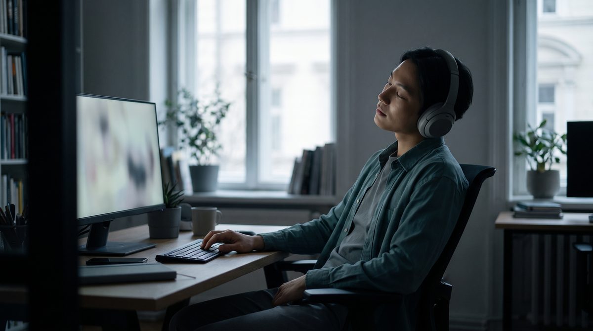 A person wearing headphones listening at a computer rather than looking at the screen