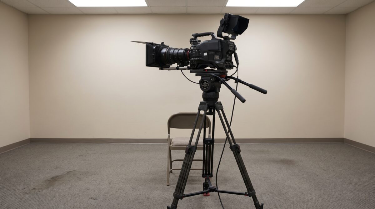 A camera operator behind a cinema camera in a casting room, an actor waiting in the background