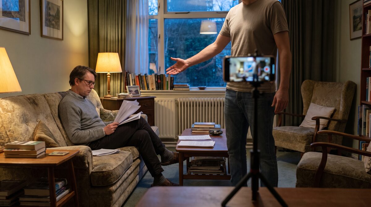 Two people in a living room, one reading flatly from script pages while the other performs to a phone on a tripod