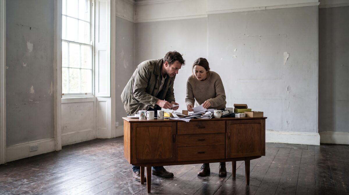 Two actors searching a cluttered sideboard together in a bare rehearsal room
