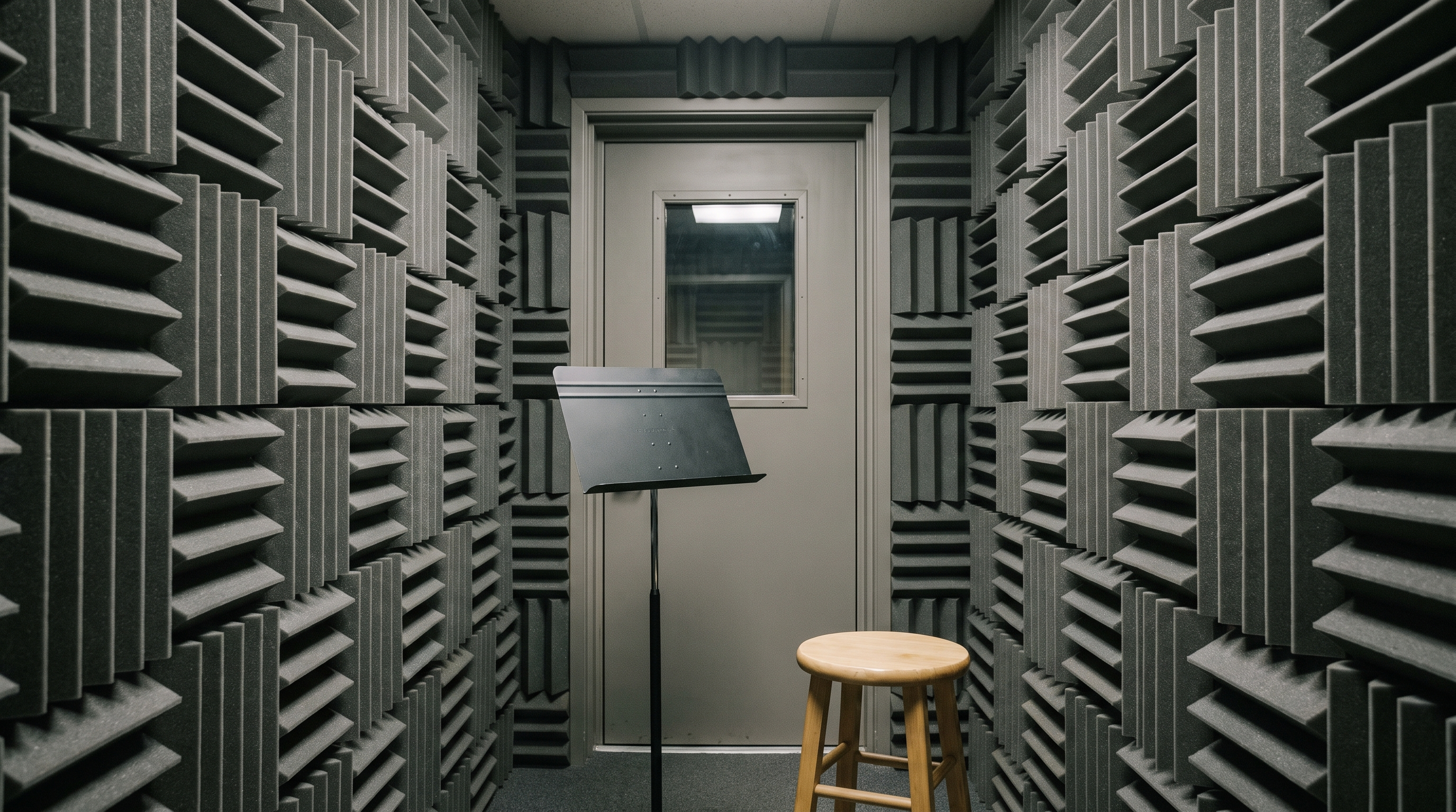 The interior of a small empty recording booth lined with acoustic foam