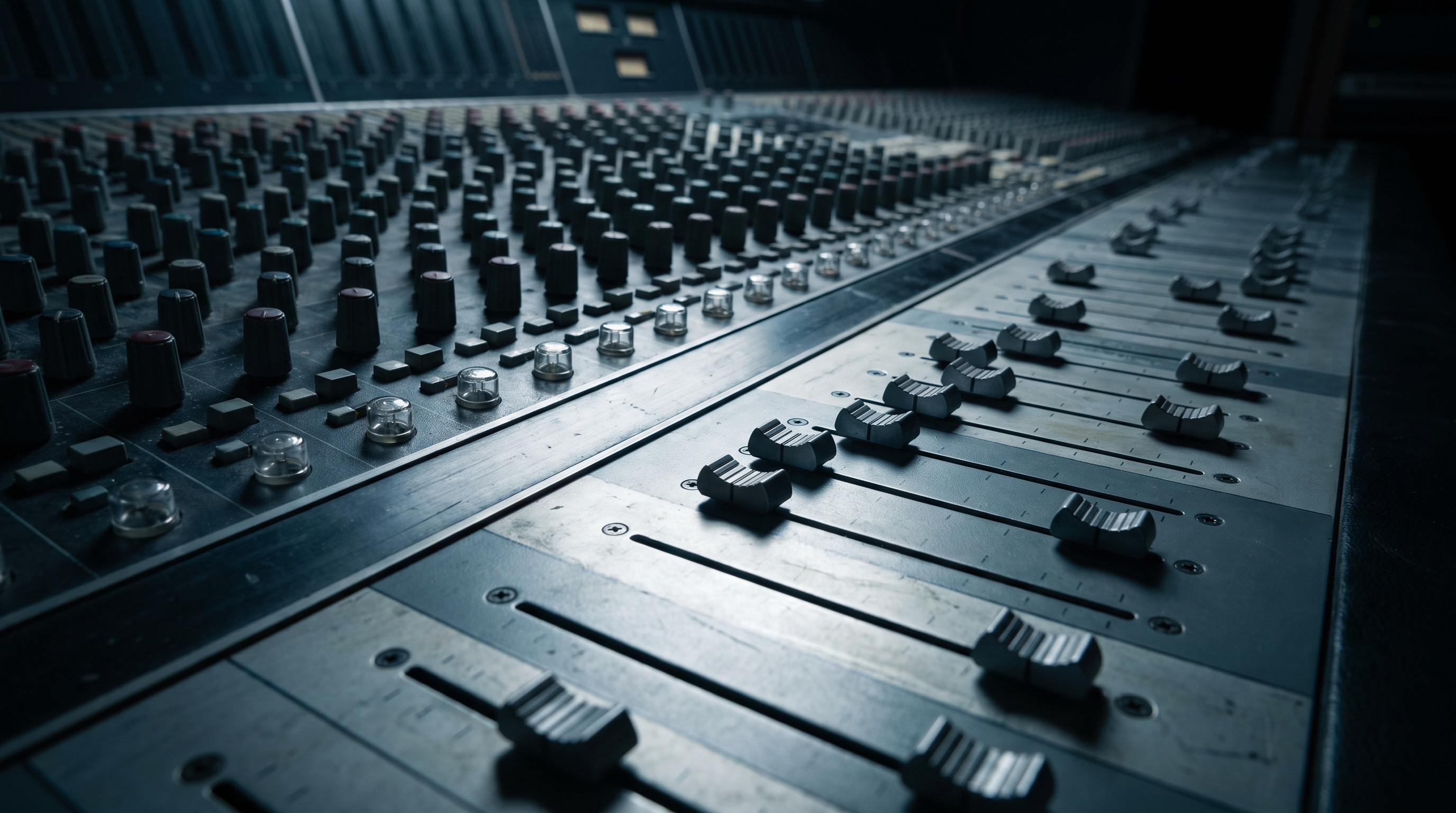 A close view along an audio mixing desk with rows of faders