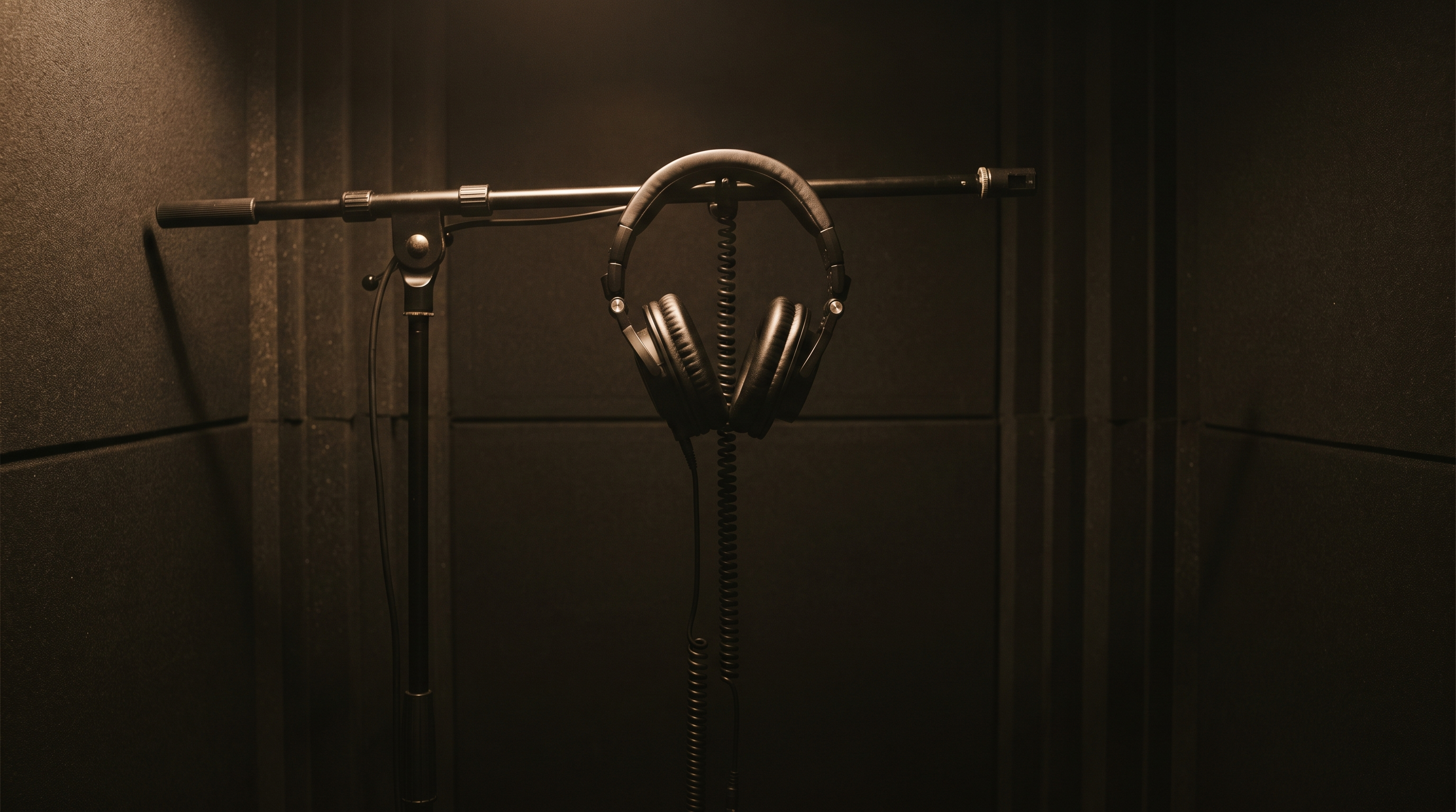 Over-ear studio headphones hanging on a microphone stand in a dim booth