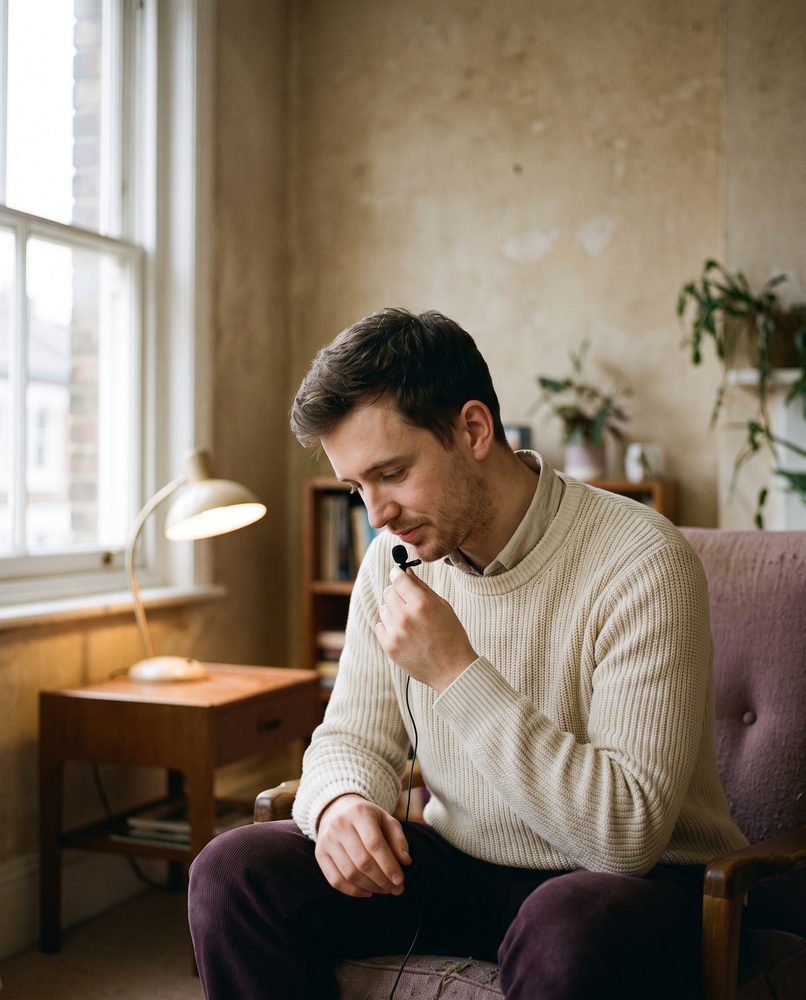 An actor speaking quietly close to a lavalier microphone in an ordinary room