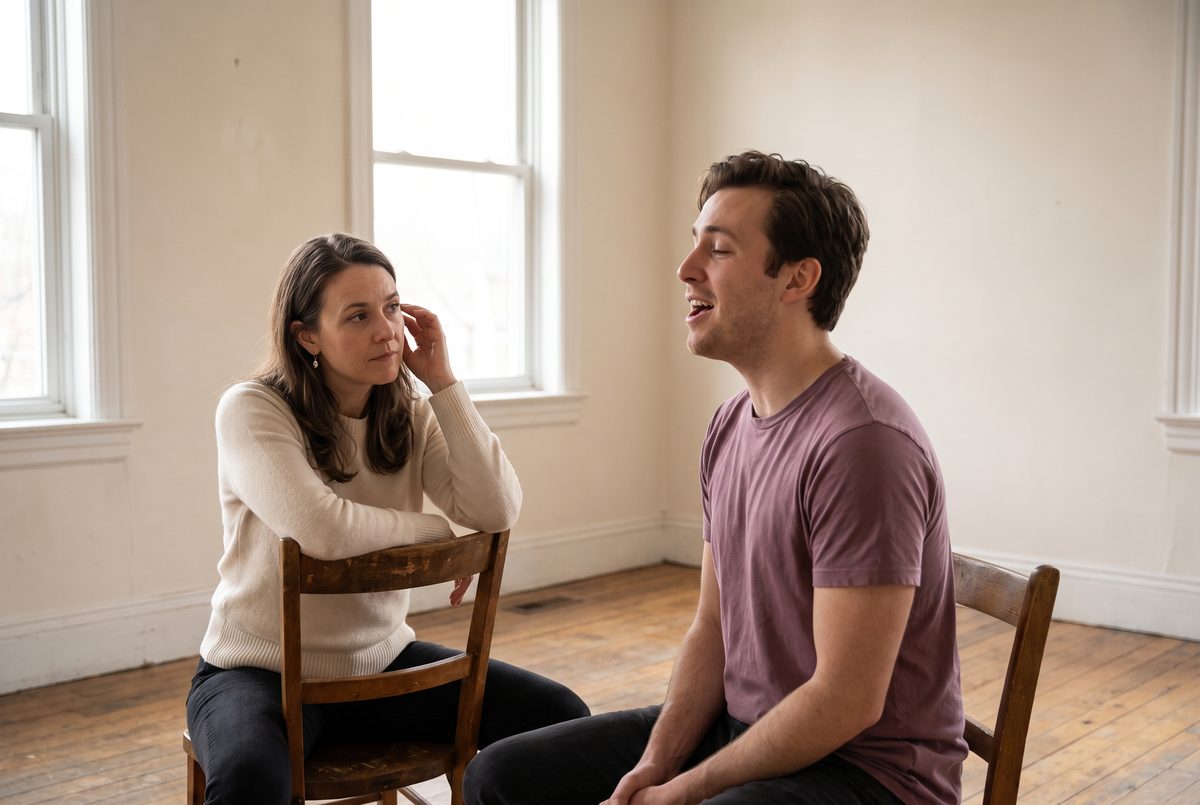 A voice teacher and an actor working one to one in a plain room