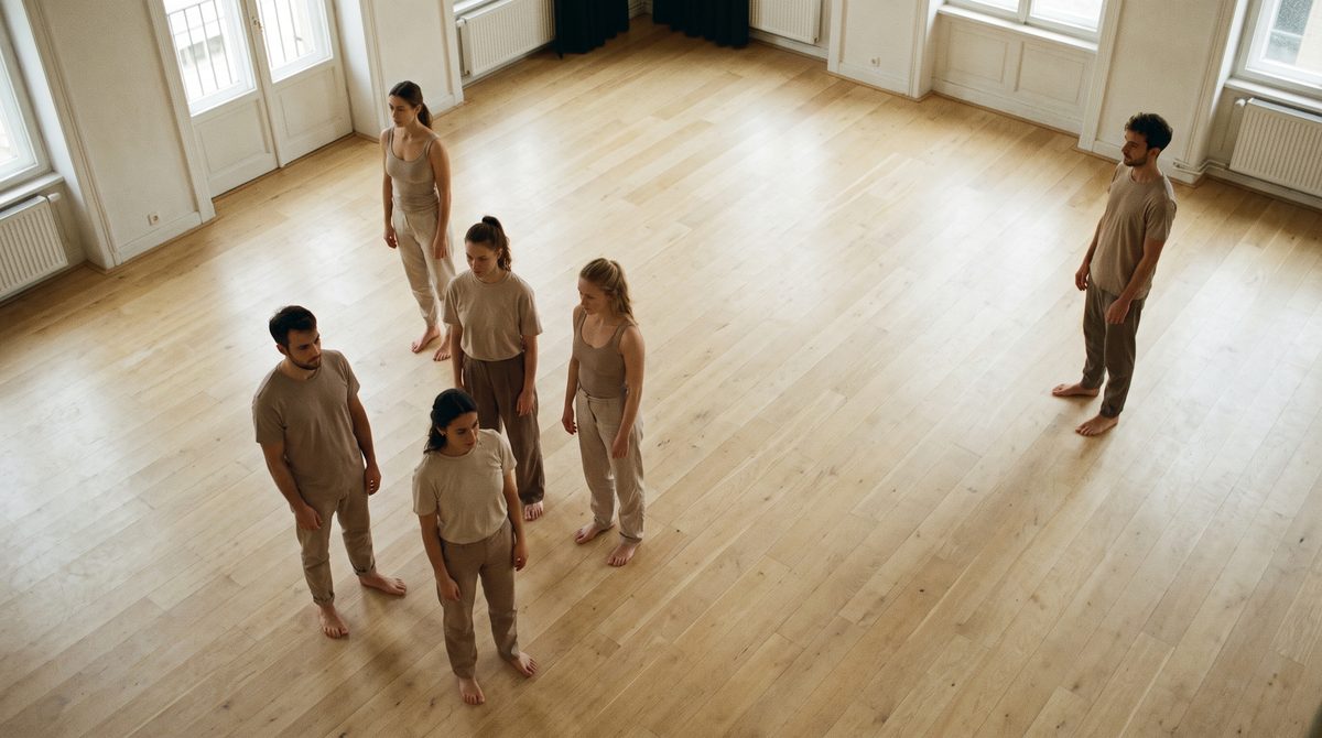 A group of actors spread across a studio floor, each attending to the others
