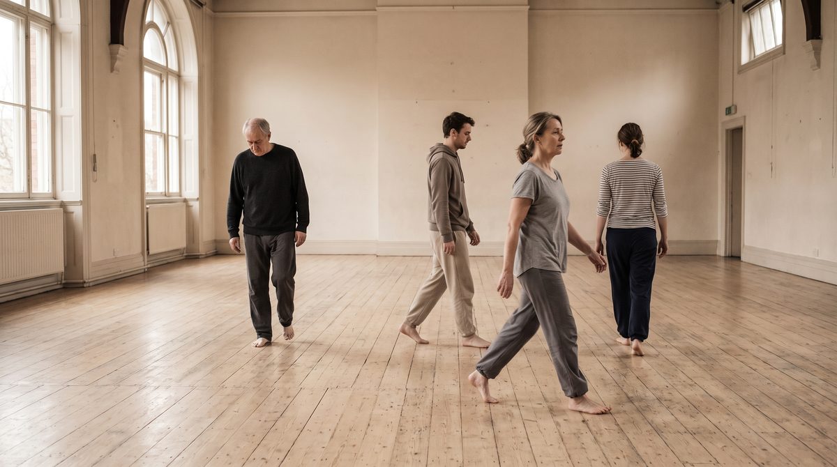 Actors moving separately through a large open rehearsal room with a bare wooden floor