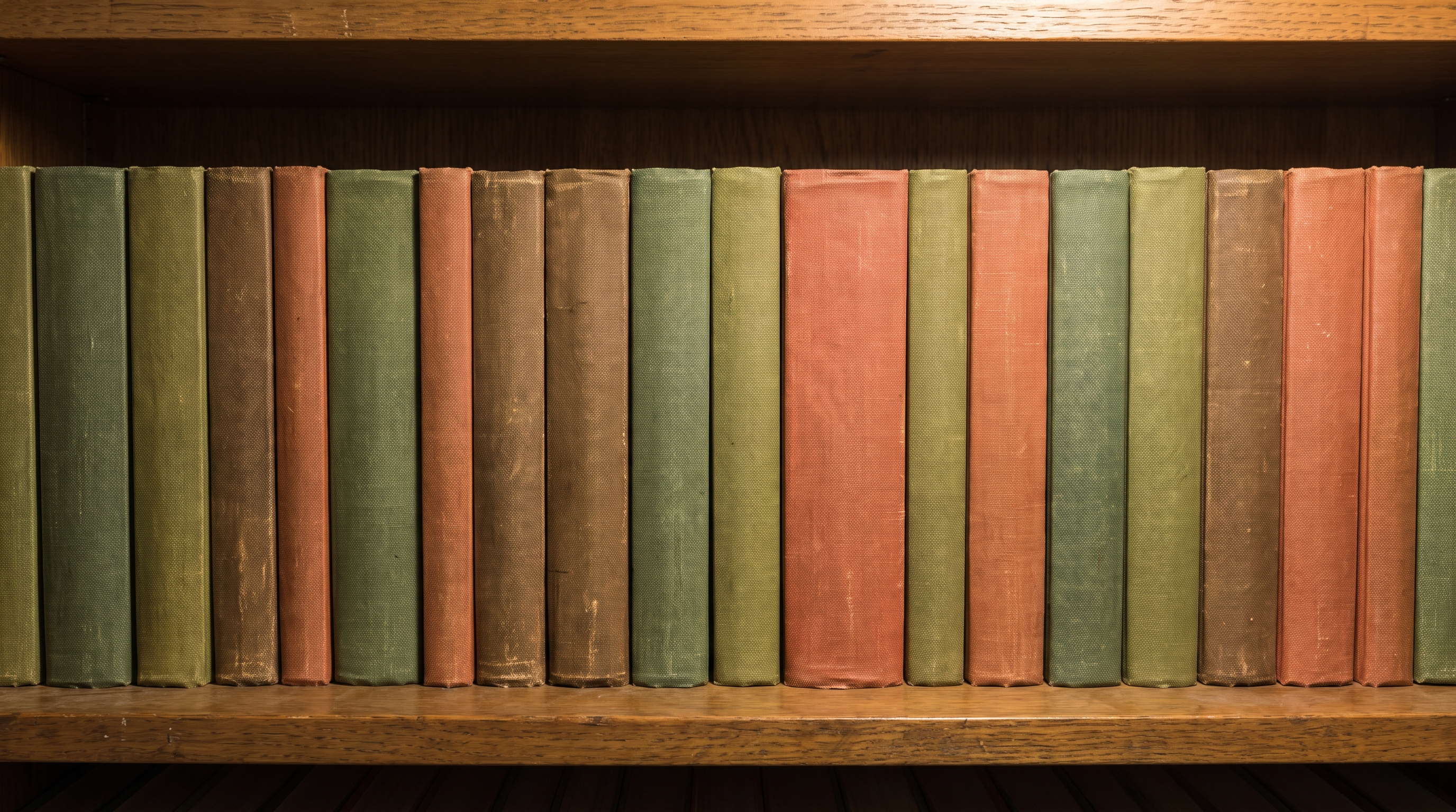 A row of plain hardback books with blank spines on a wooden shelf