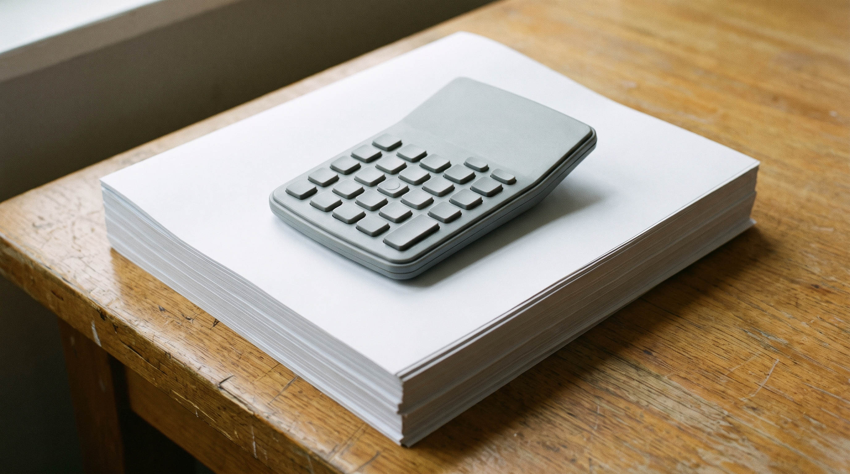 A plain desk calculator resting on a stack of blank printed pages