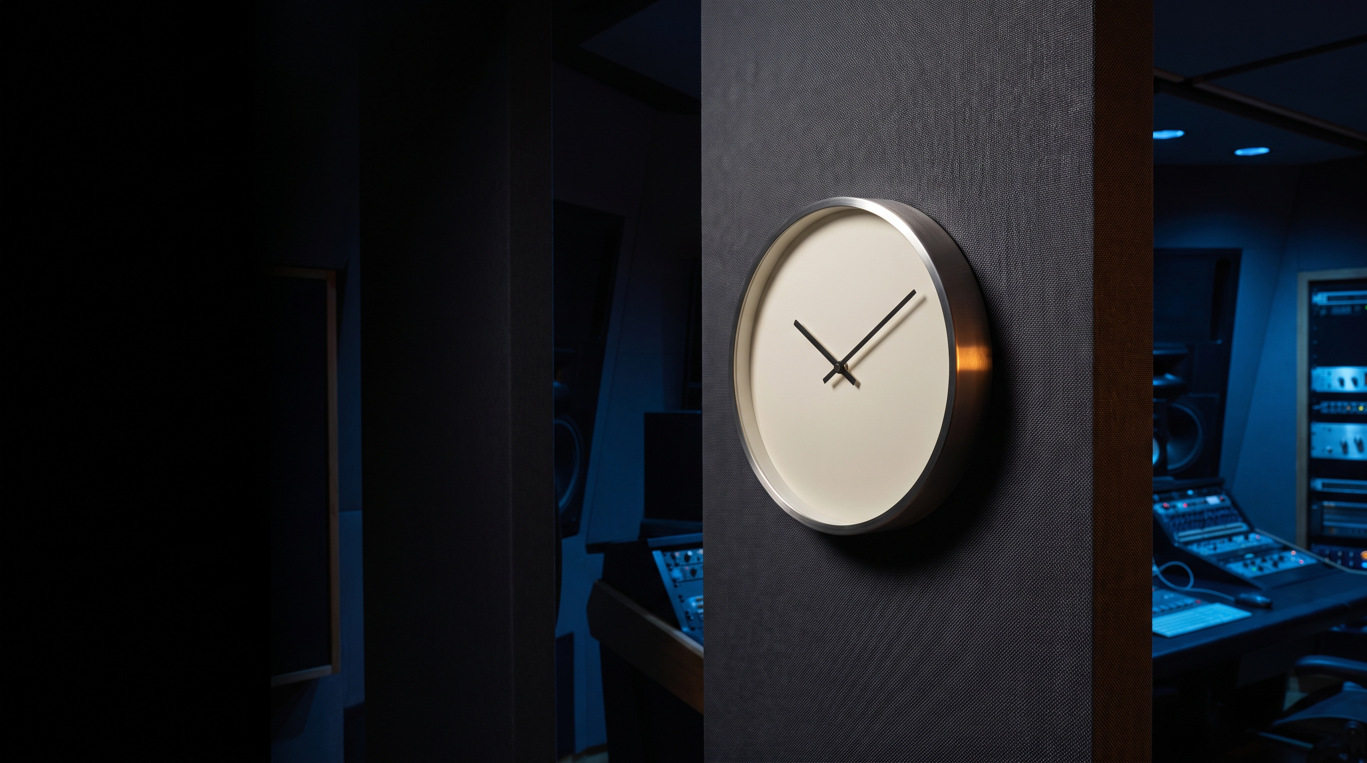 A plain round wall clock with a blank face in a dim studio control room