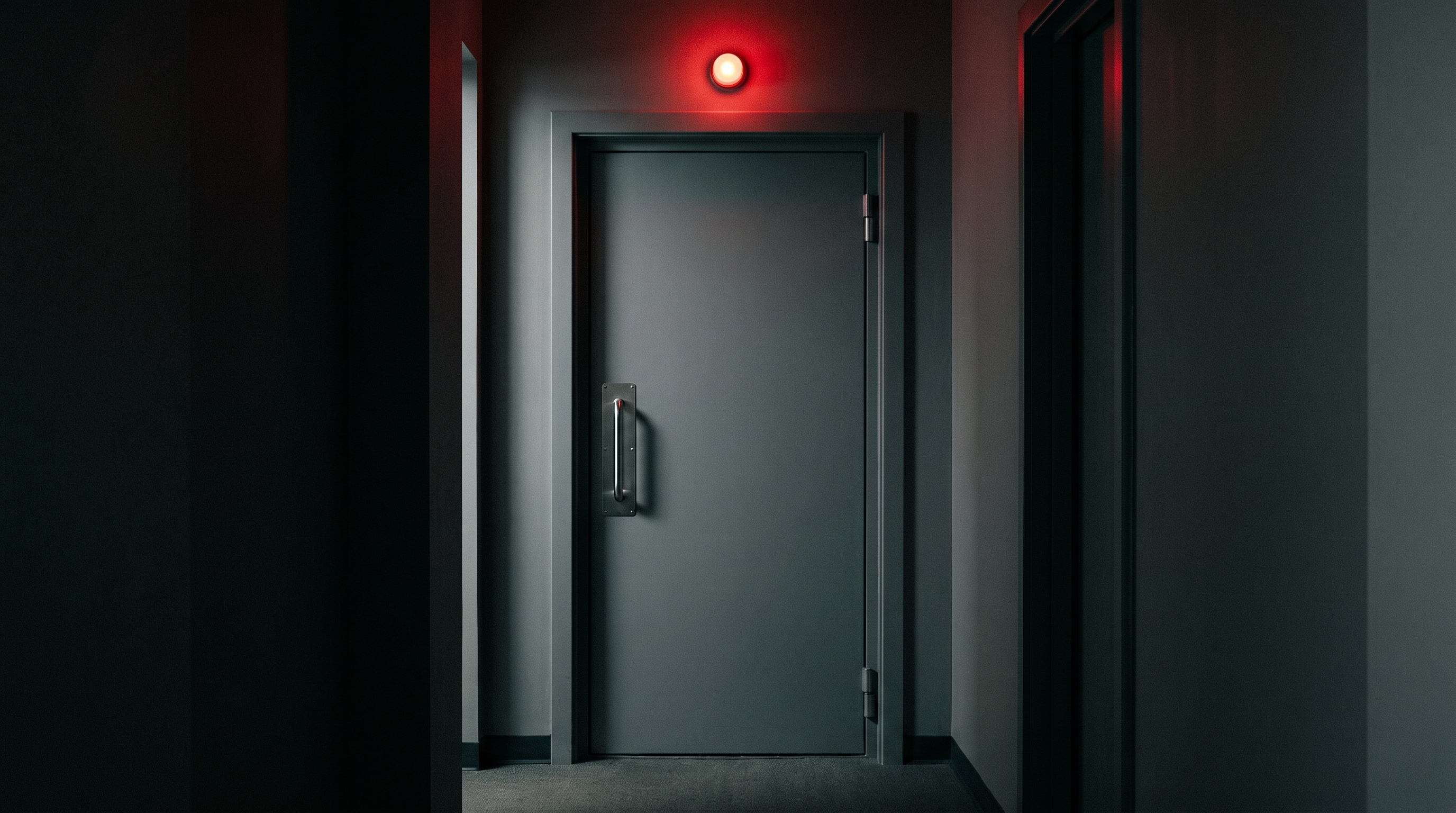 A red studio indicator lamp glowing above a heavy soundproof door