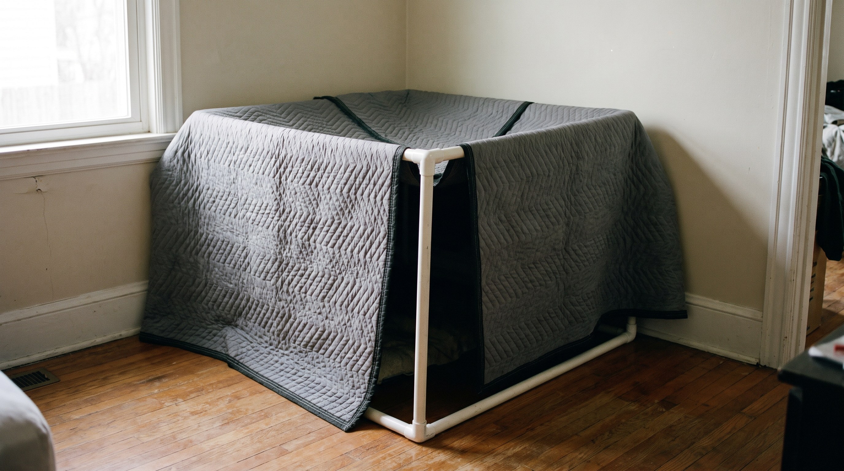 Heavy moving blankets draped over a pipe frame in an ordinary domestic room