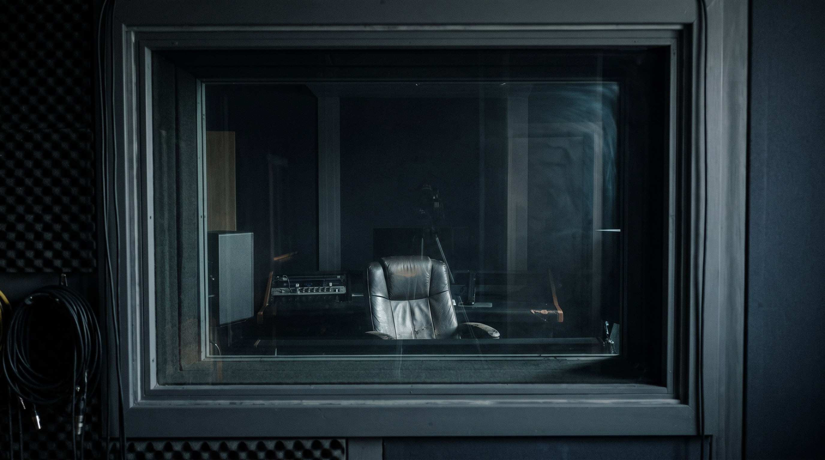 The view from inside a booth through a small window into a dark empty control room