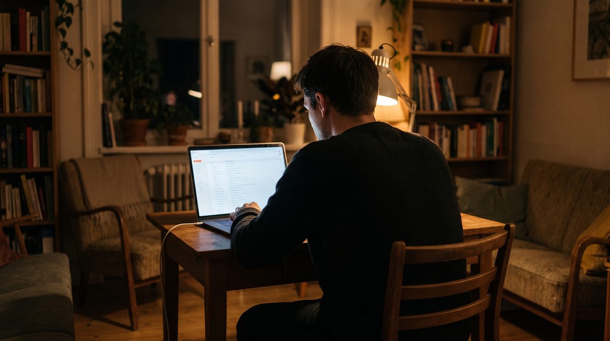 A laptop screen showing a list of casting notices, seen over an actor's shoulder in a quiet room