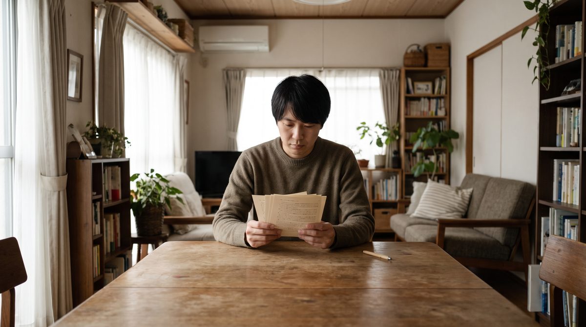 An actor reading a printed contract at a table, pen resting unused beside the pages