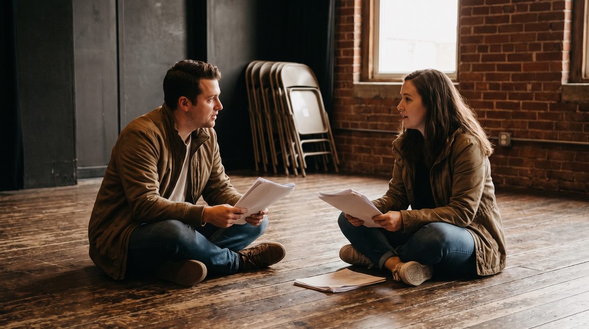 Two actors rehearsing with script pages in an empty small theatre space