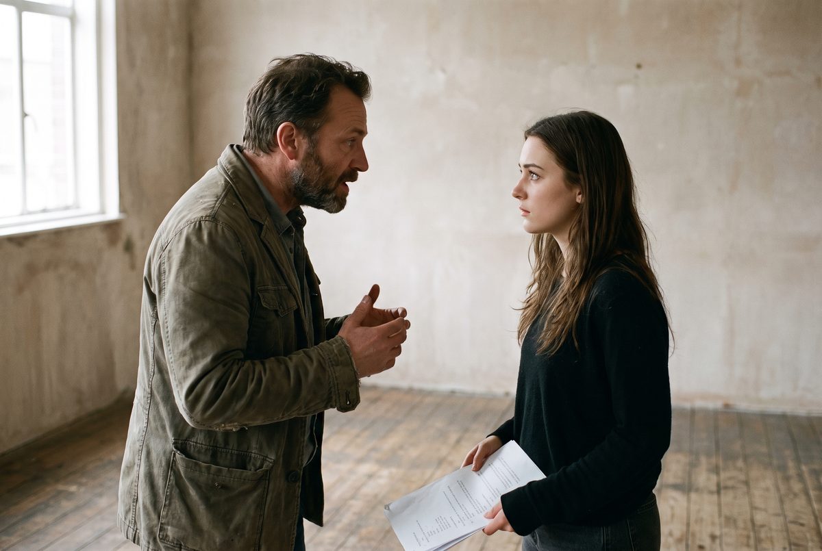 Two actors working a scene, one speaking and the other listening closely