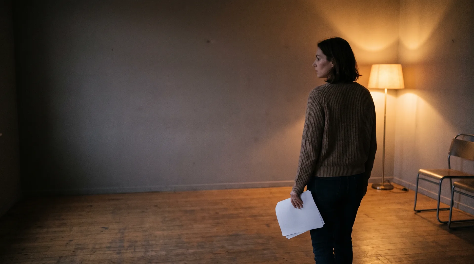 An actor standing alone with pages in hand in an empty rehearsal room at night