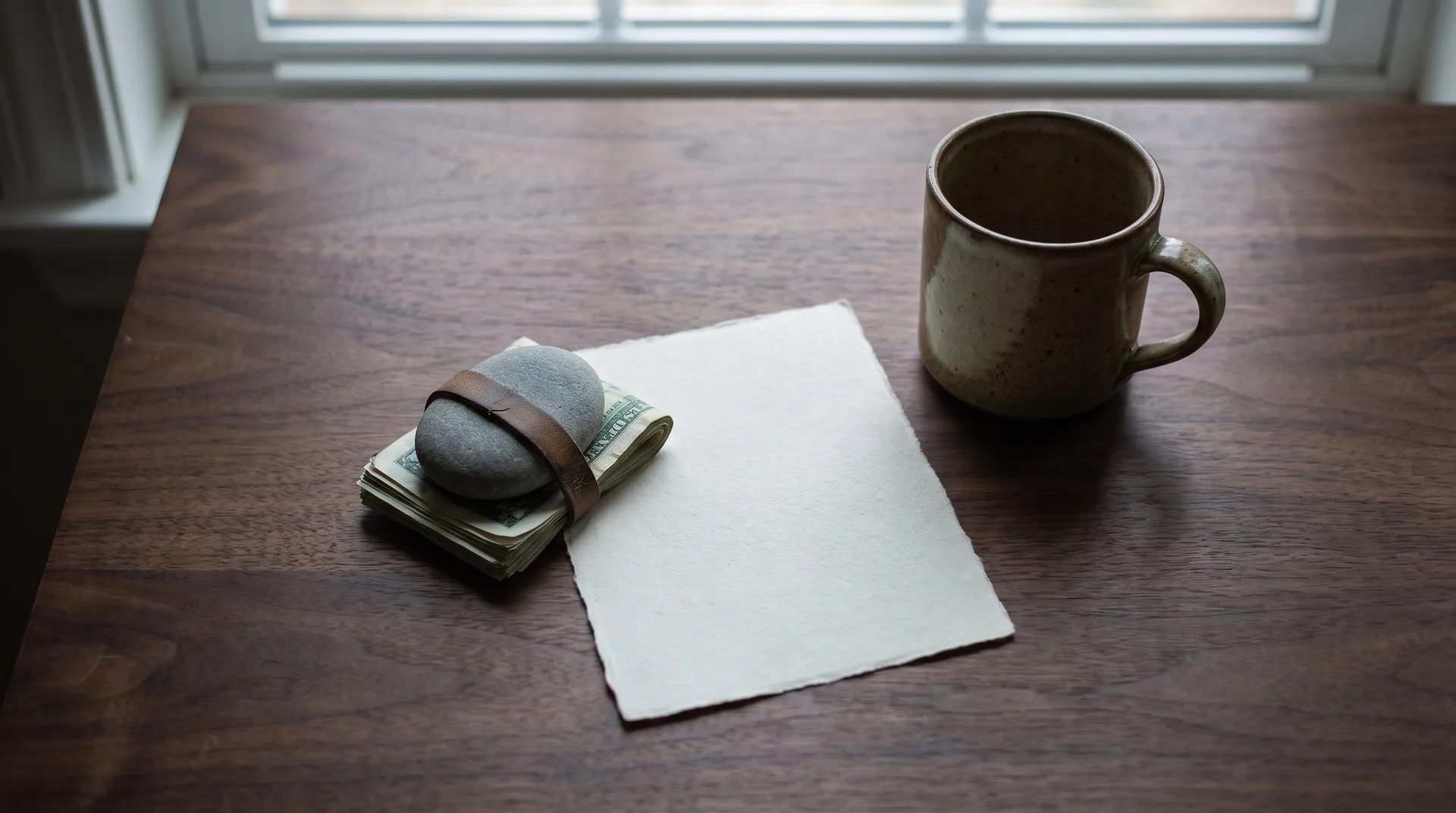 A small fold of banknotes weighted under a stone beside a blank sheet of paper on a dark table