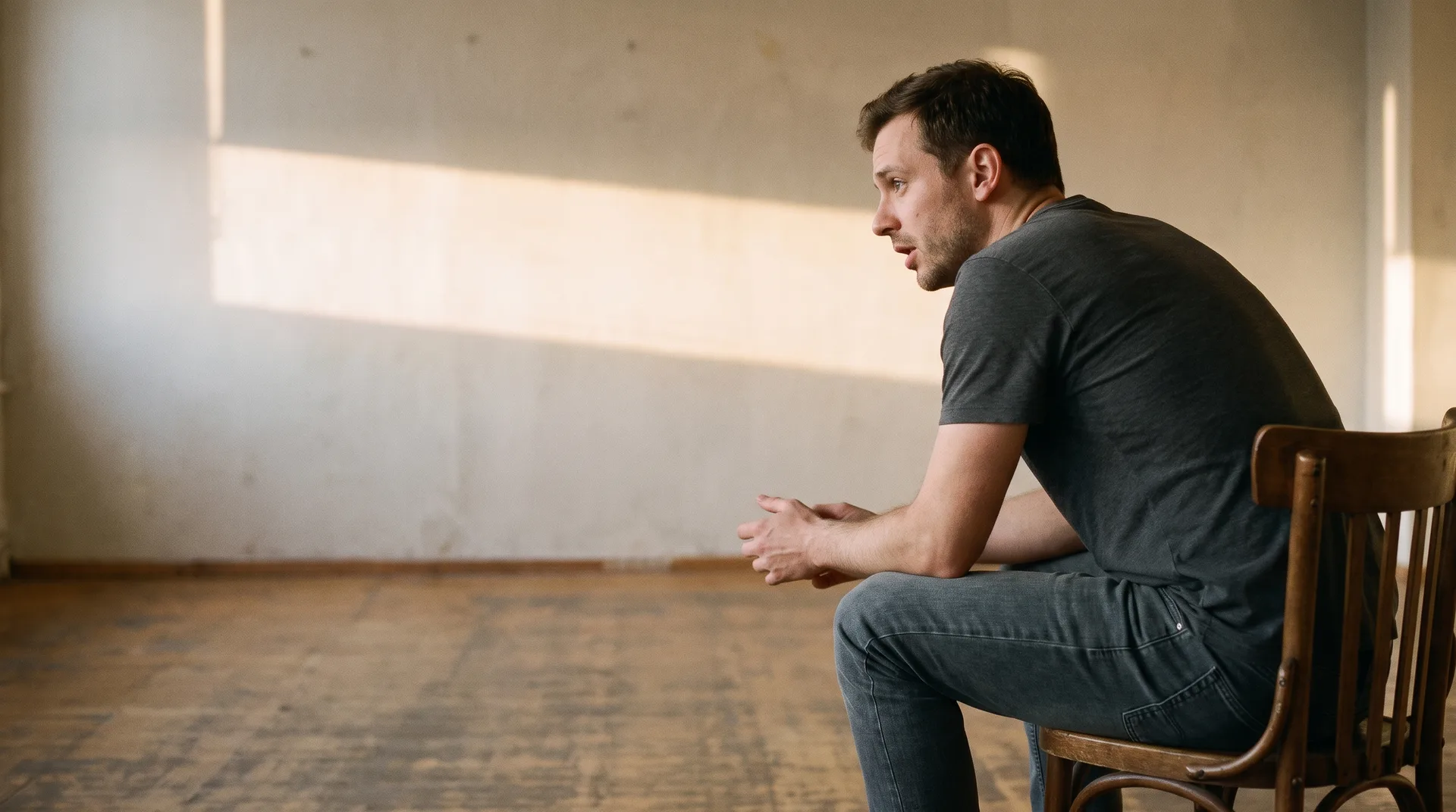 An actor working quietly on a dramatic speech in a rehearsal room