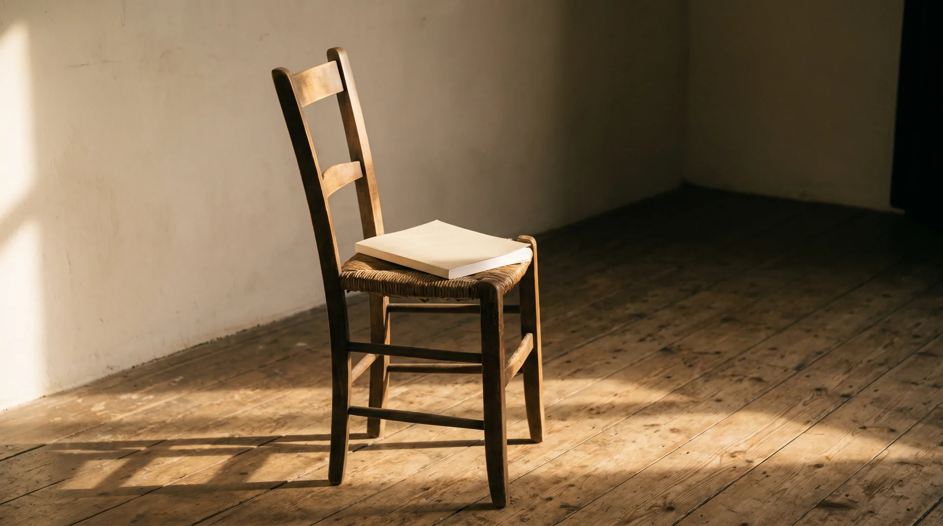 An empty wooden chair in a rehearsal room with a play script on the seat