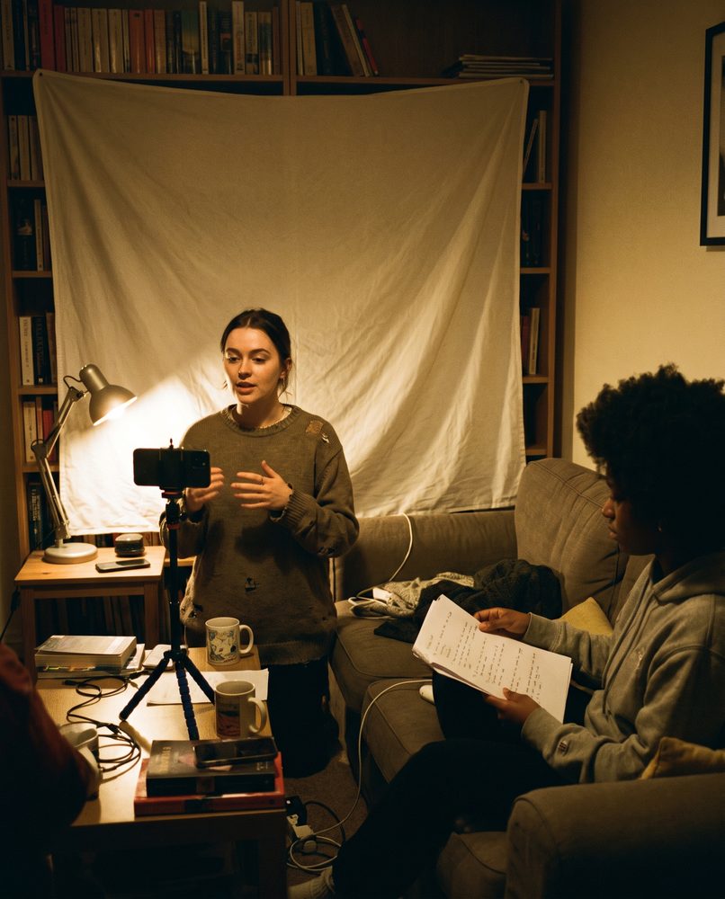 Two friends filming a scene at home, one reading off camera while the other performs