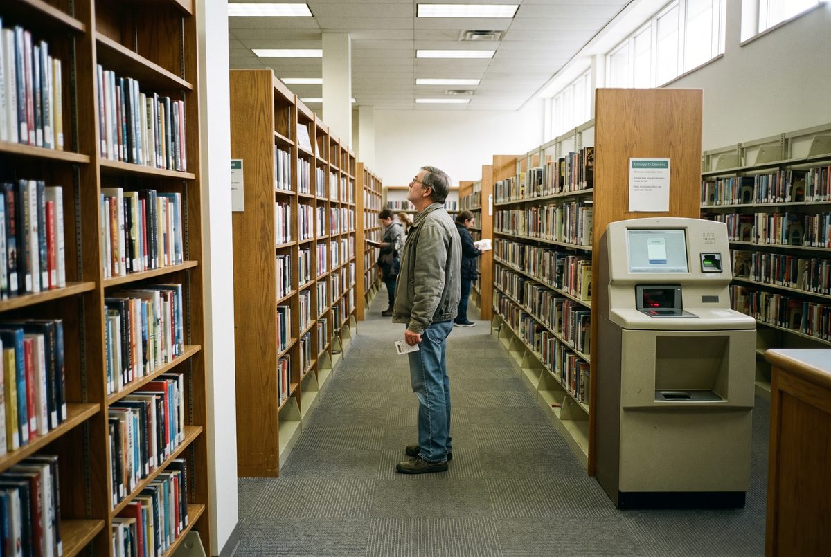 A man in a public library aisle holding a library card and looking at the shelves