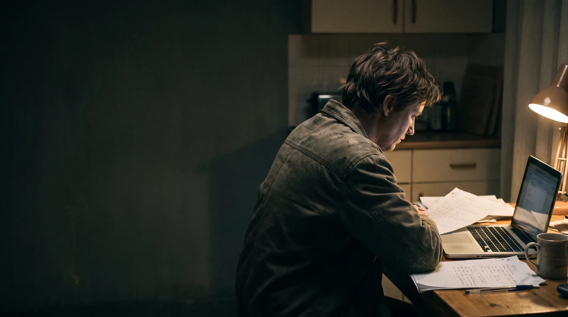 An actor working through production paperwork at a kitchen table late at night