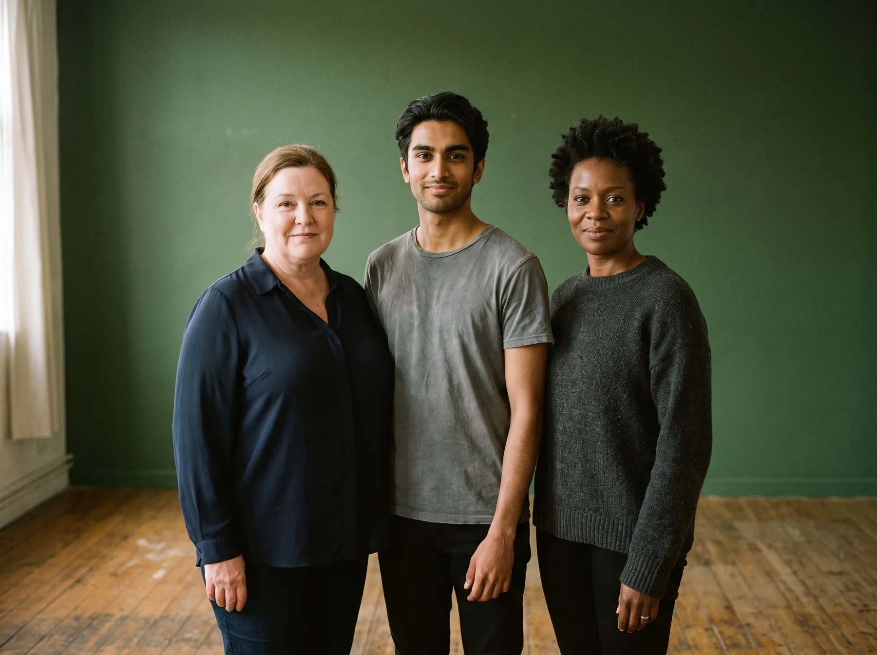 Three confident working actors of different ages and body types
