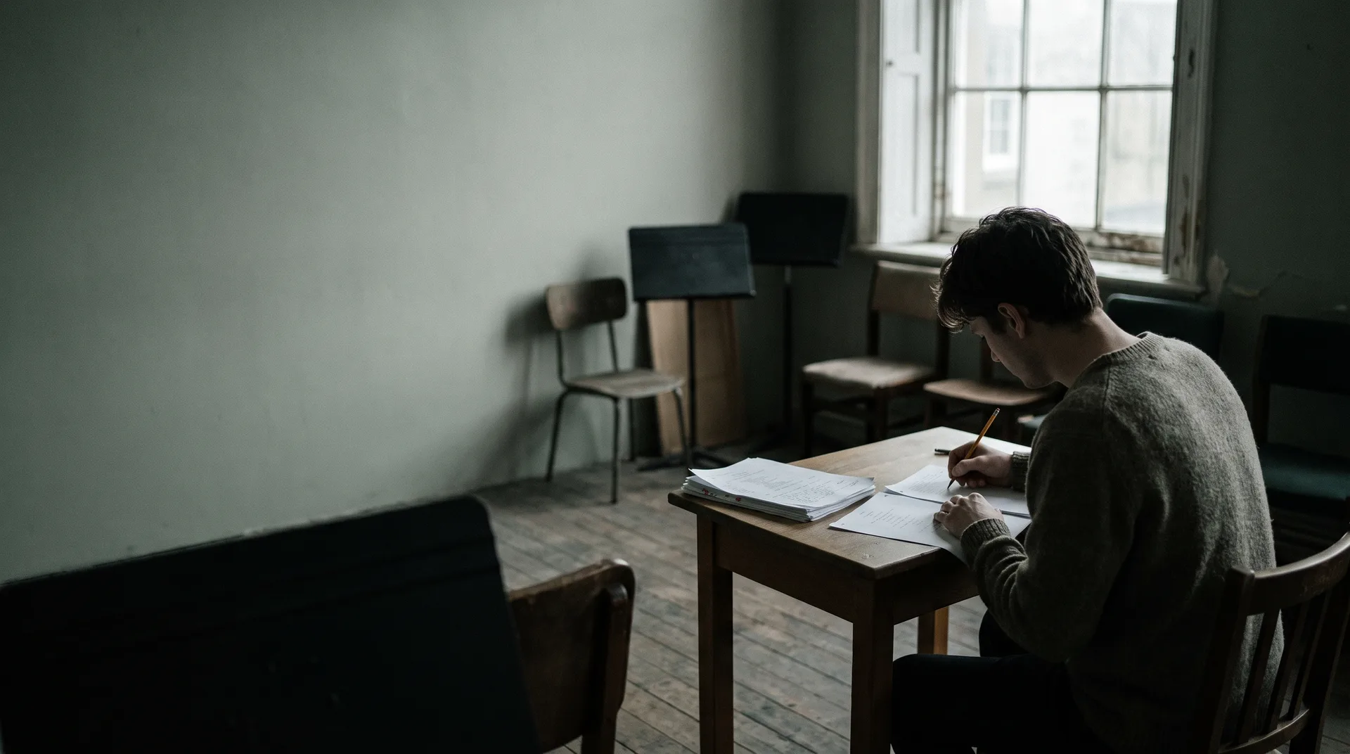 An actor writing a monologue by hand at a table in an empty rehearsal room