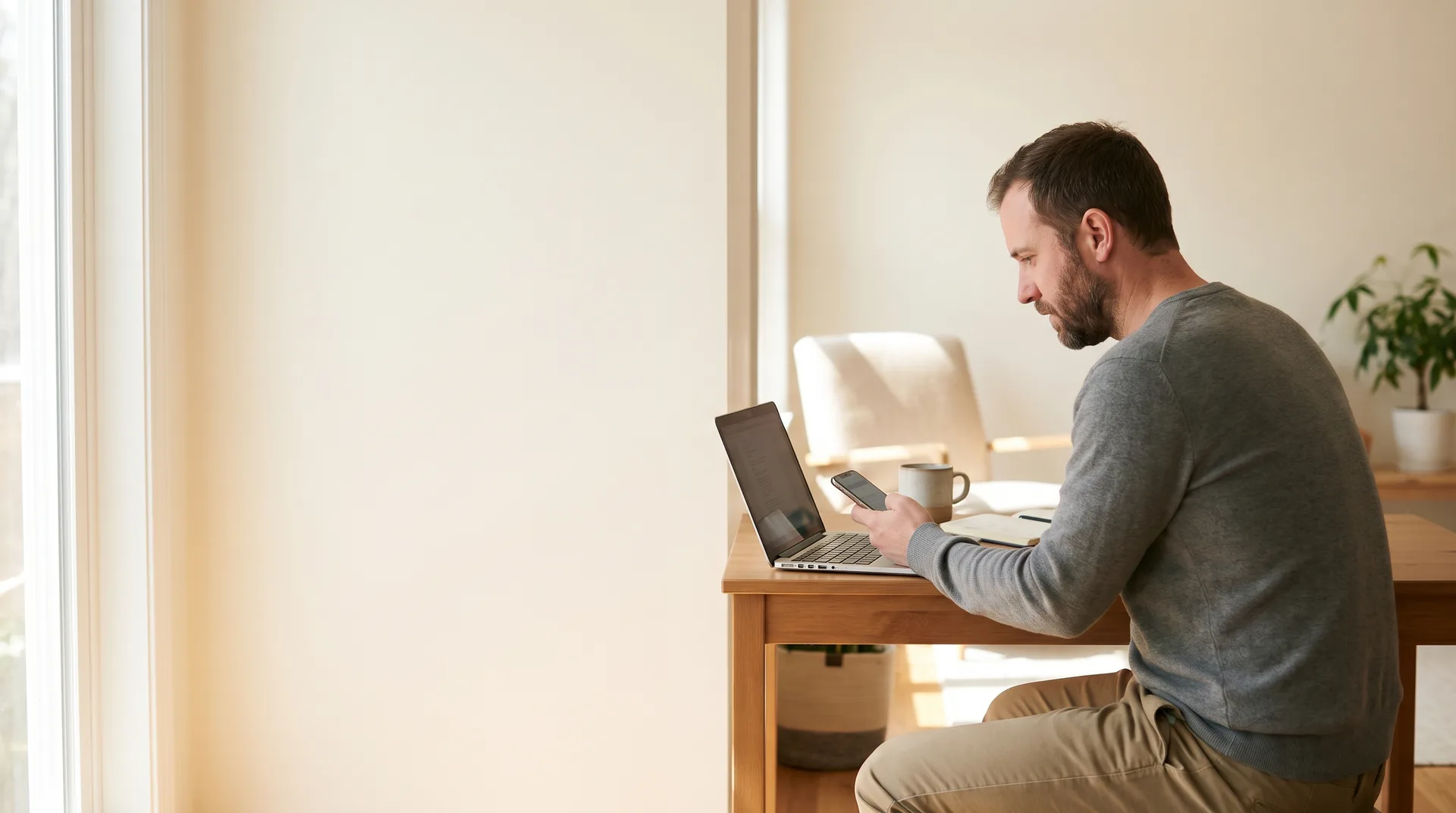 An actor at a desk comparing a casting notice on a phone against a laptop screen