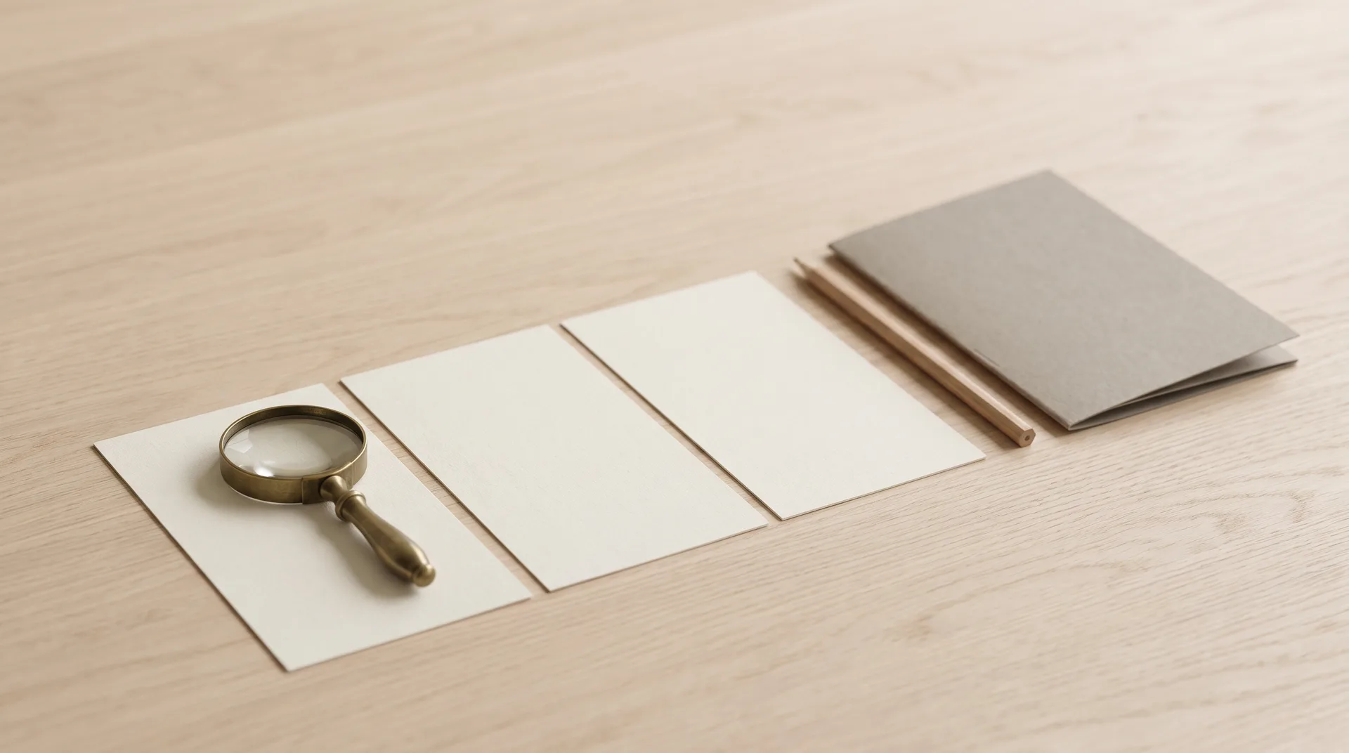 Three blank index cards laid out on a wooden table with a small brass magnifying glass and a pencil