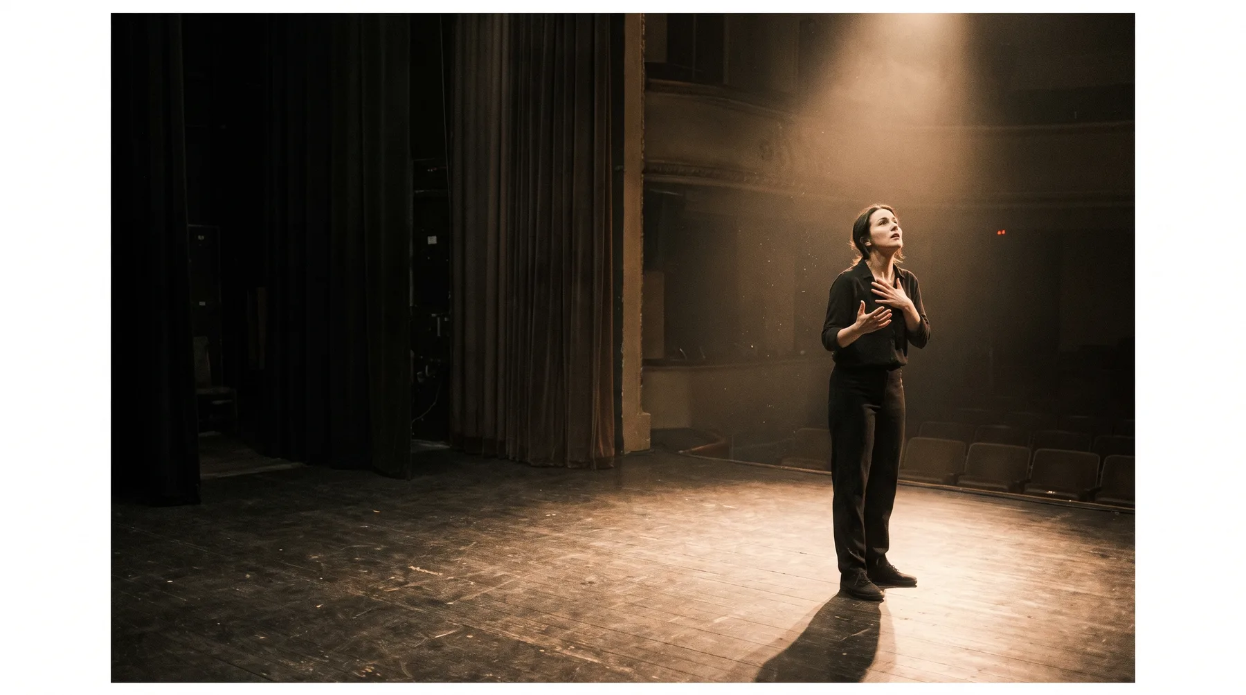 Actor performing a dramatic monologue onstage