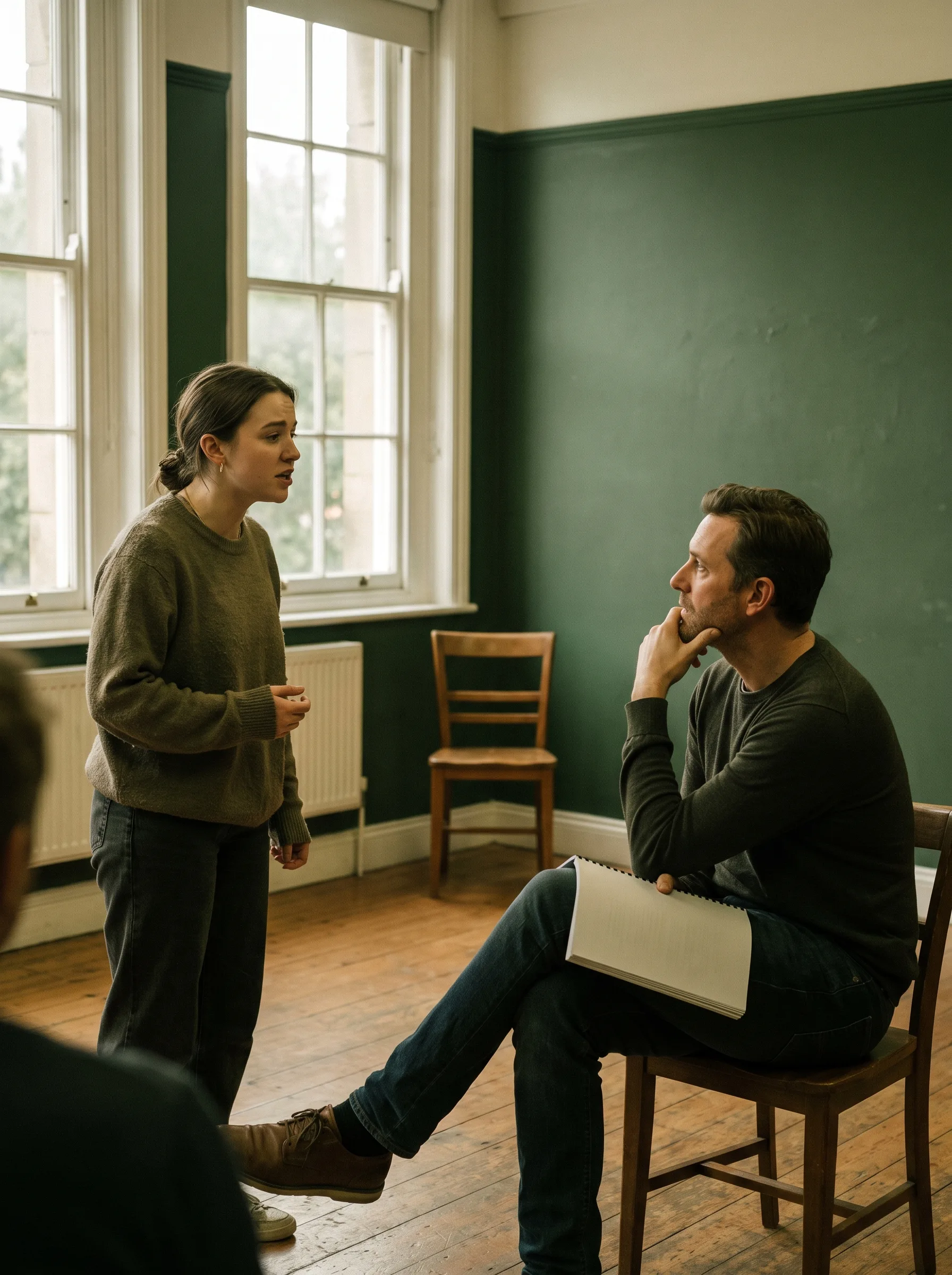 Two actors rehearsing together in a bright acting studio