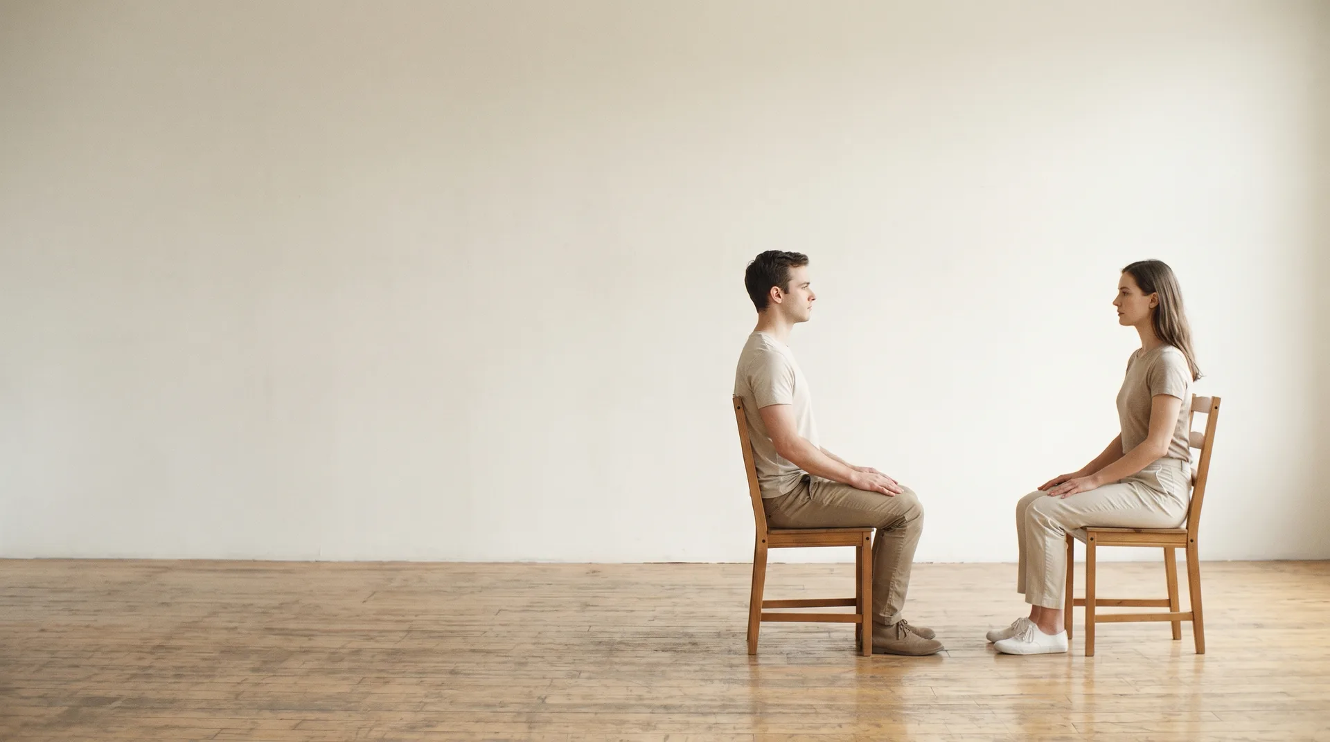 Two actors sitting face to face in a bright studio doing a repetition exercise