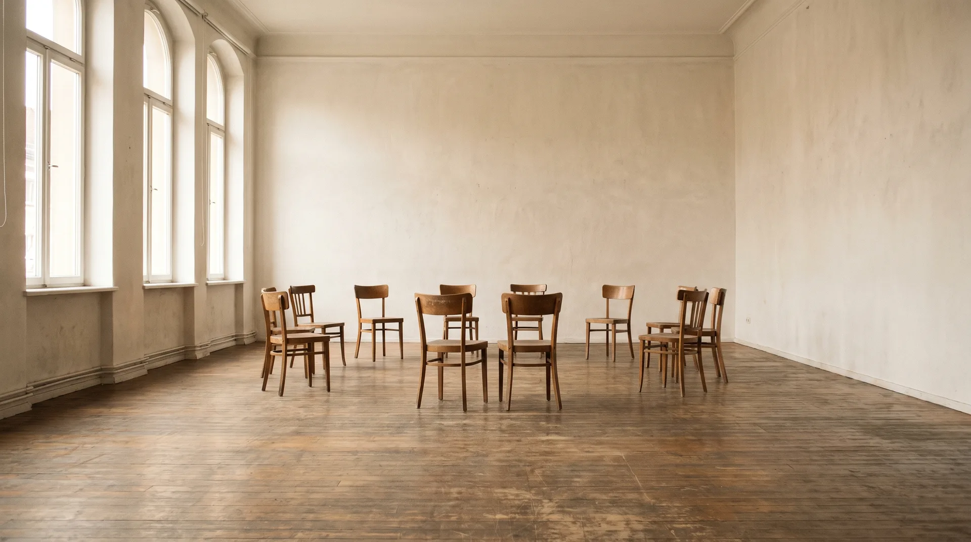 A circle of empty chairs in a plain acting studio with two chairs turned to face each other