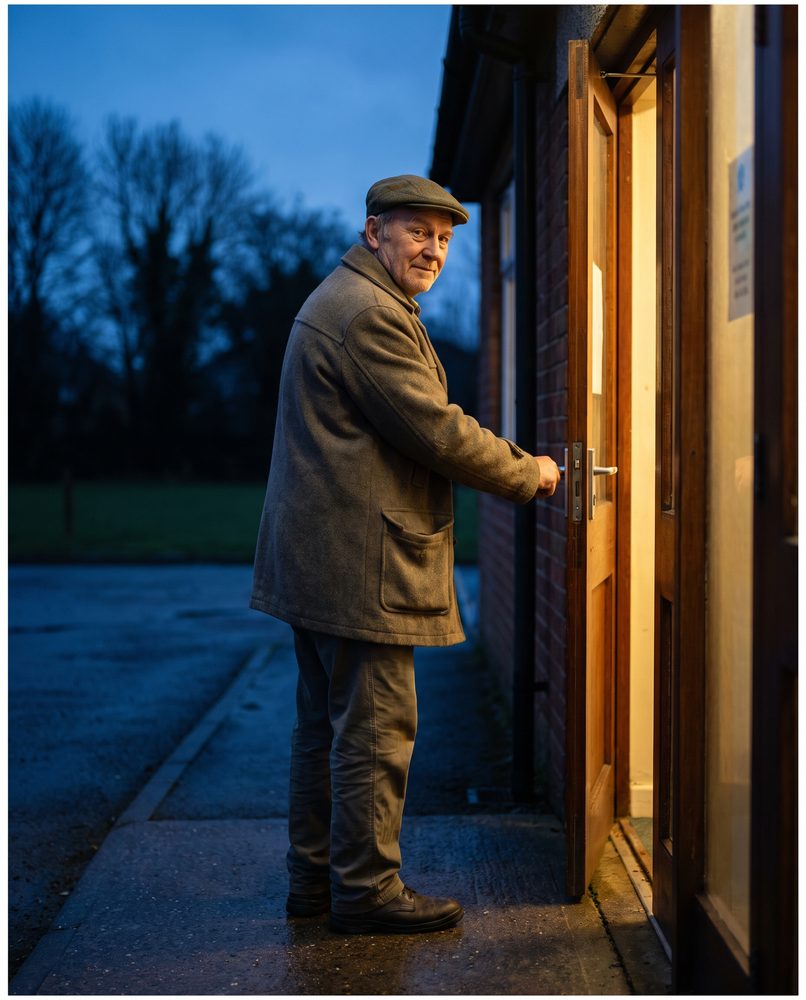 A man arriving at a small community hall at dusk