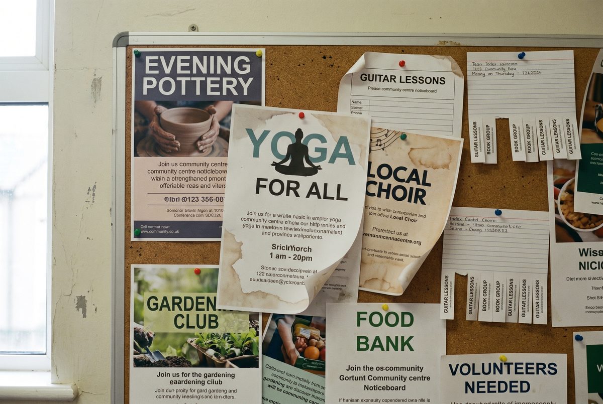 A community centre noticeboard covered in printed leaflets for local classes and groups