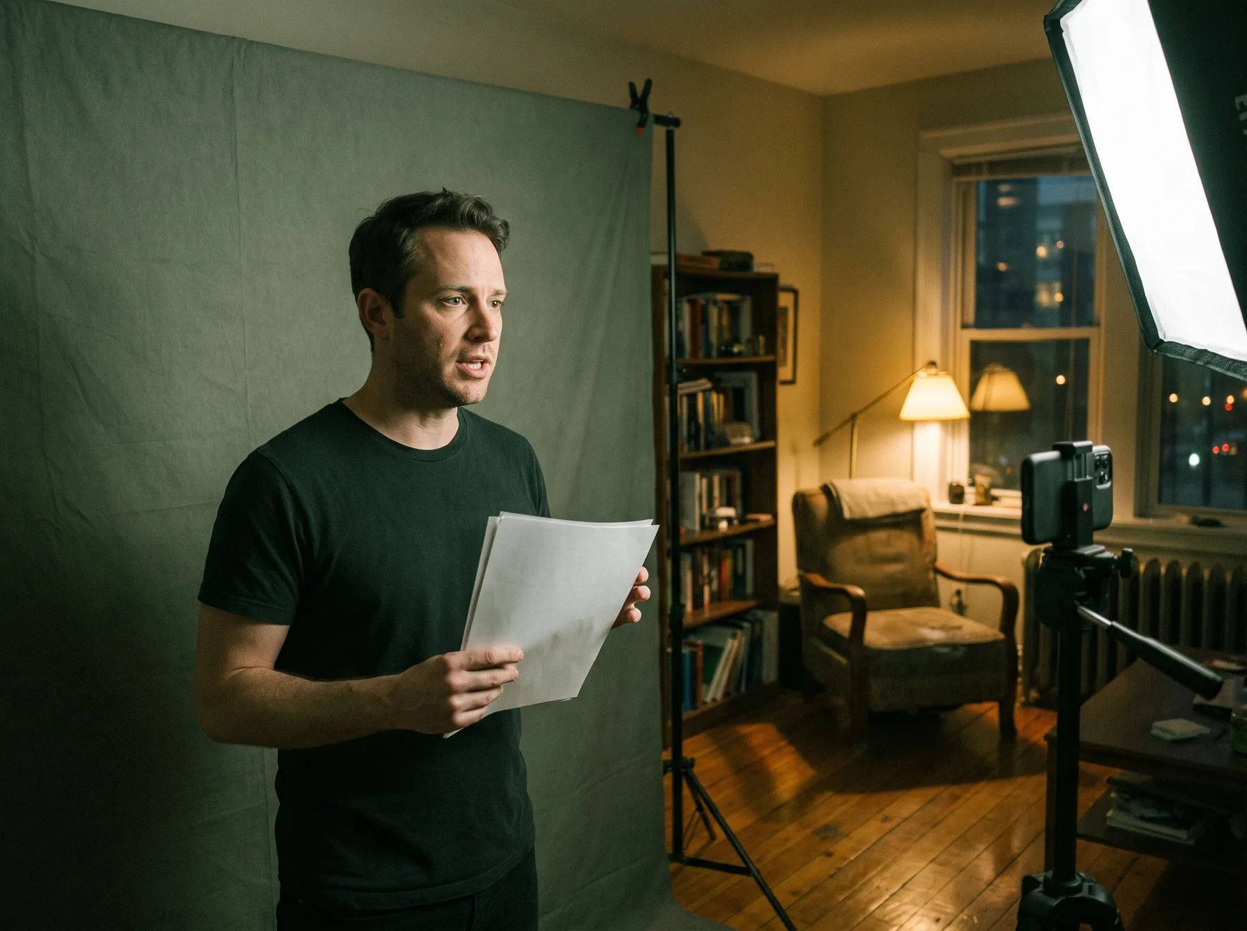 An experienced actor performing a self-tape audition at home