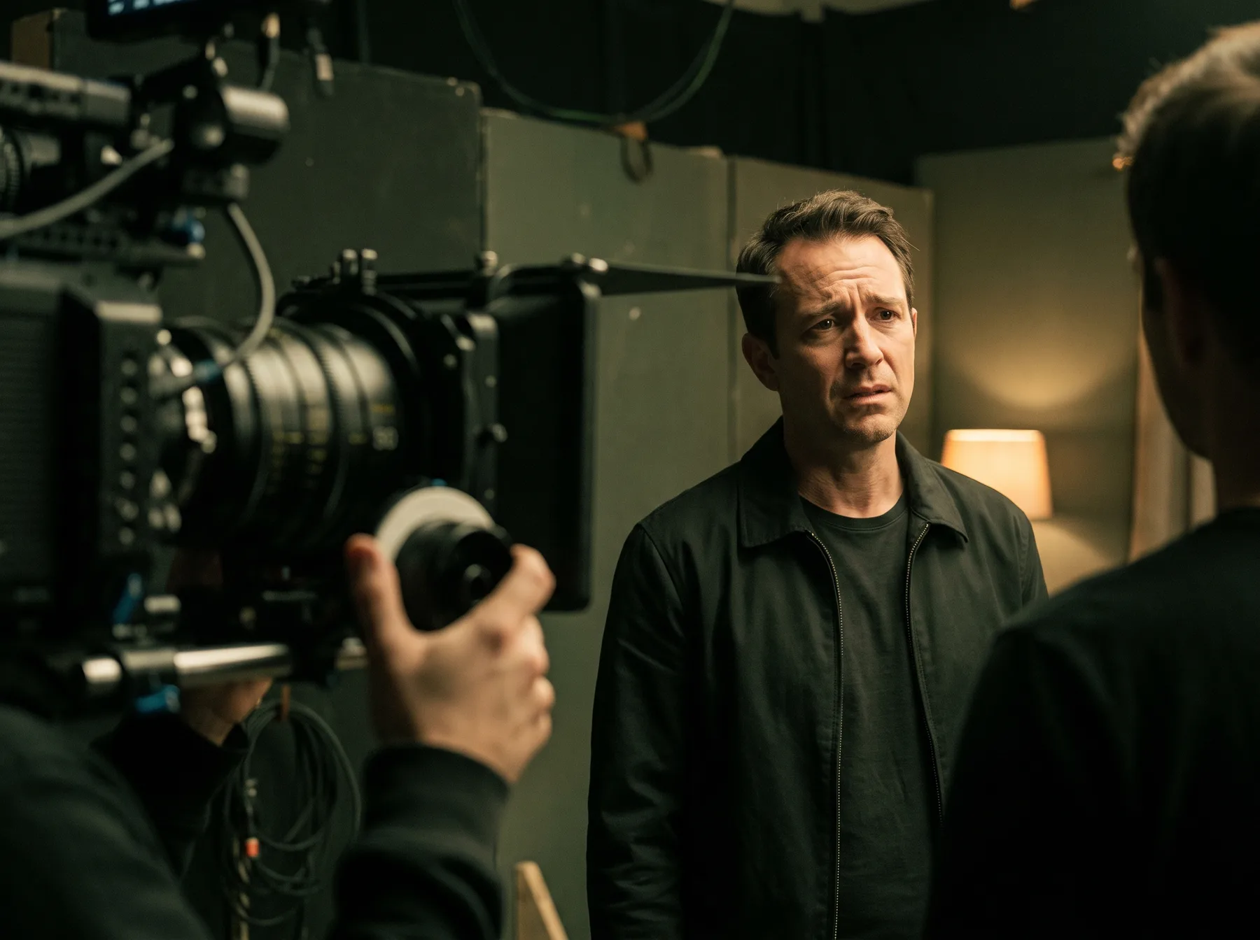 An actor listening in close-up beside a cinema camera