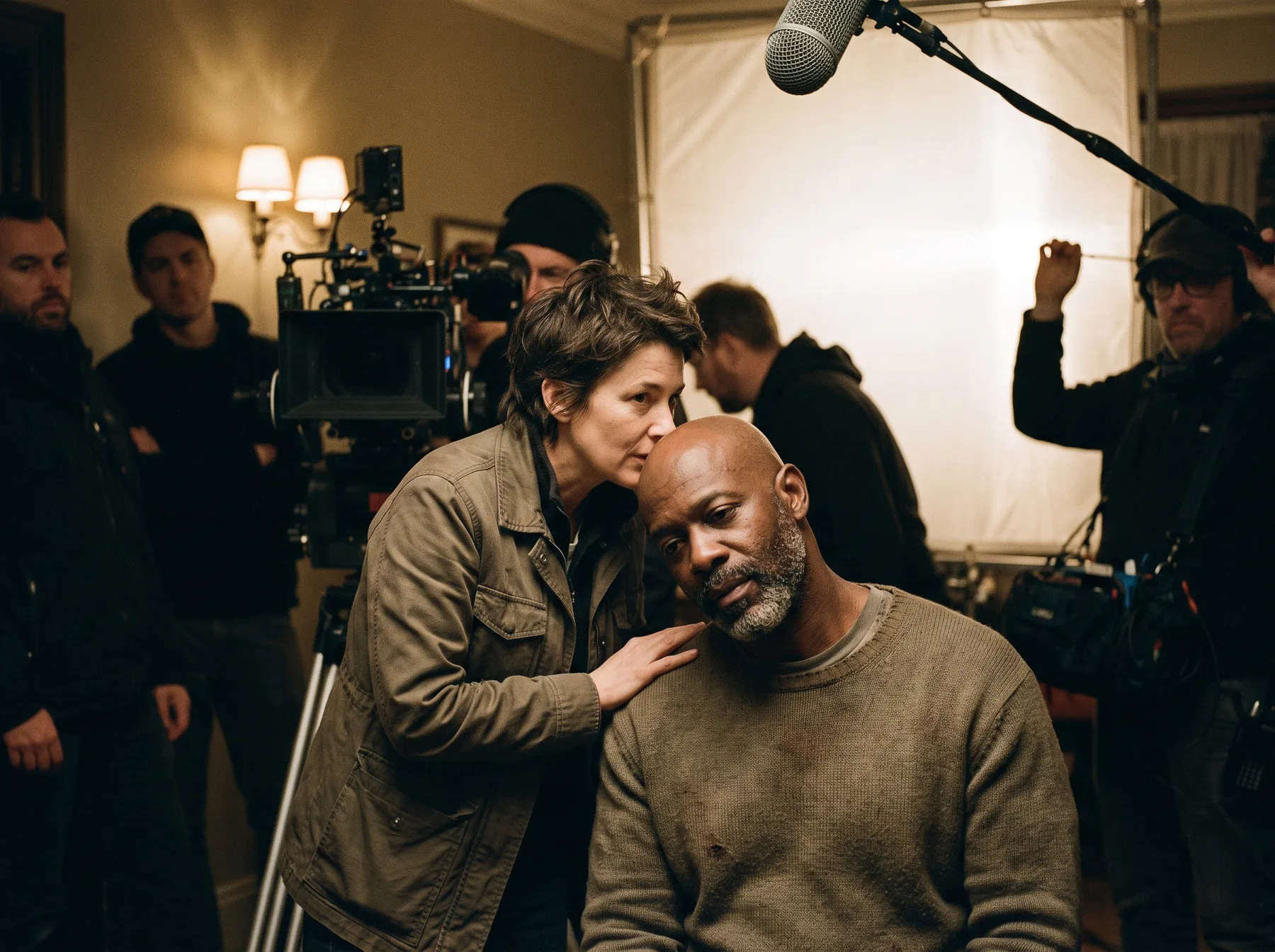 A film director collaborating with an experienced actor on set