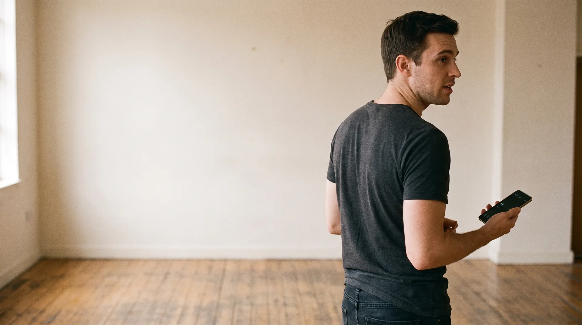 An actor timing a speech against a phone in a rehearsal room