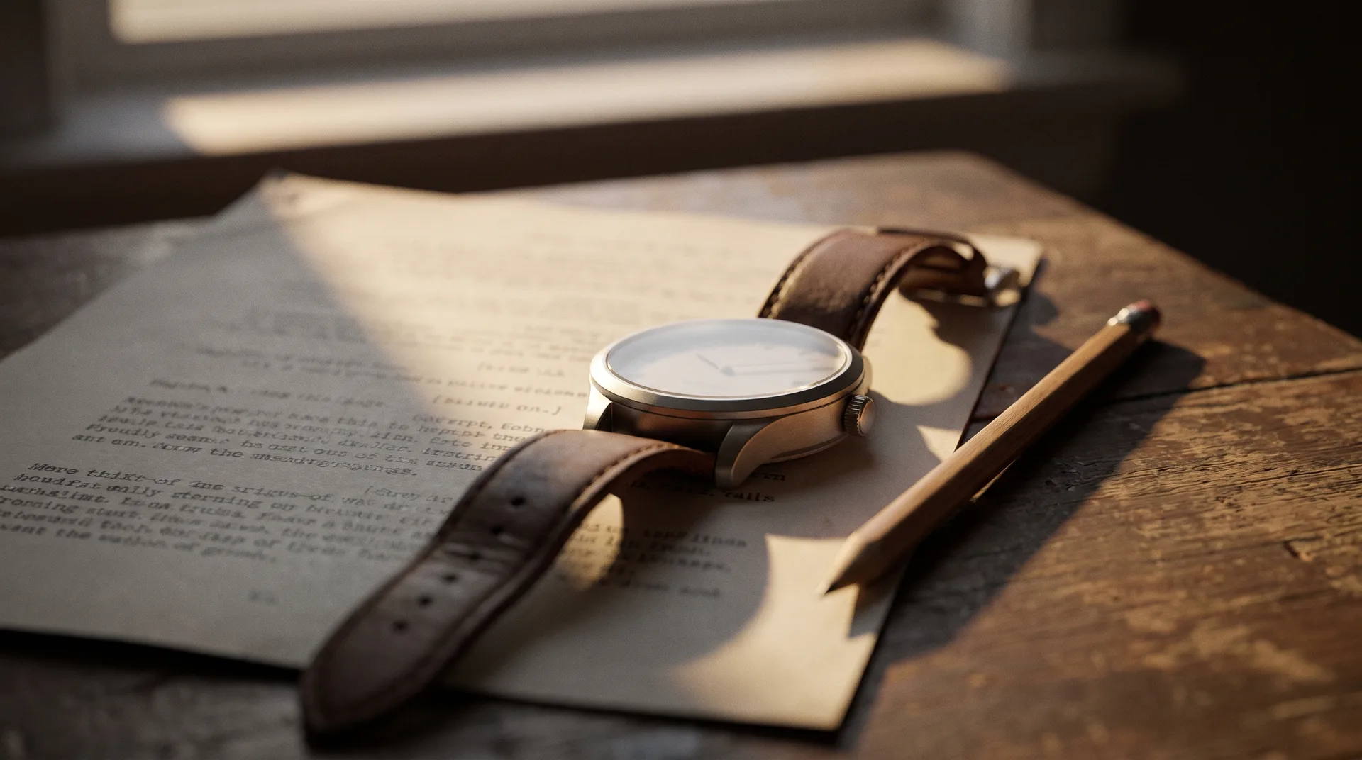 A wristwatch resting on a page of a play script beside a pencil