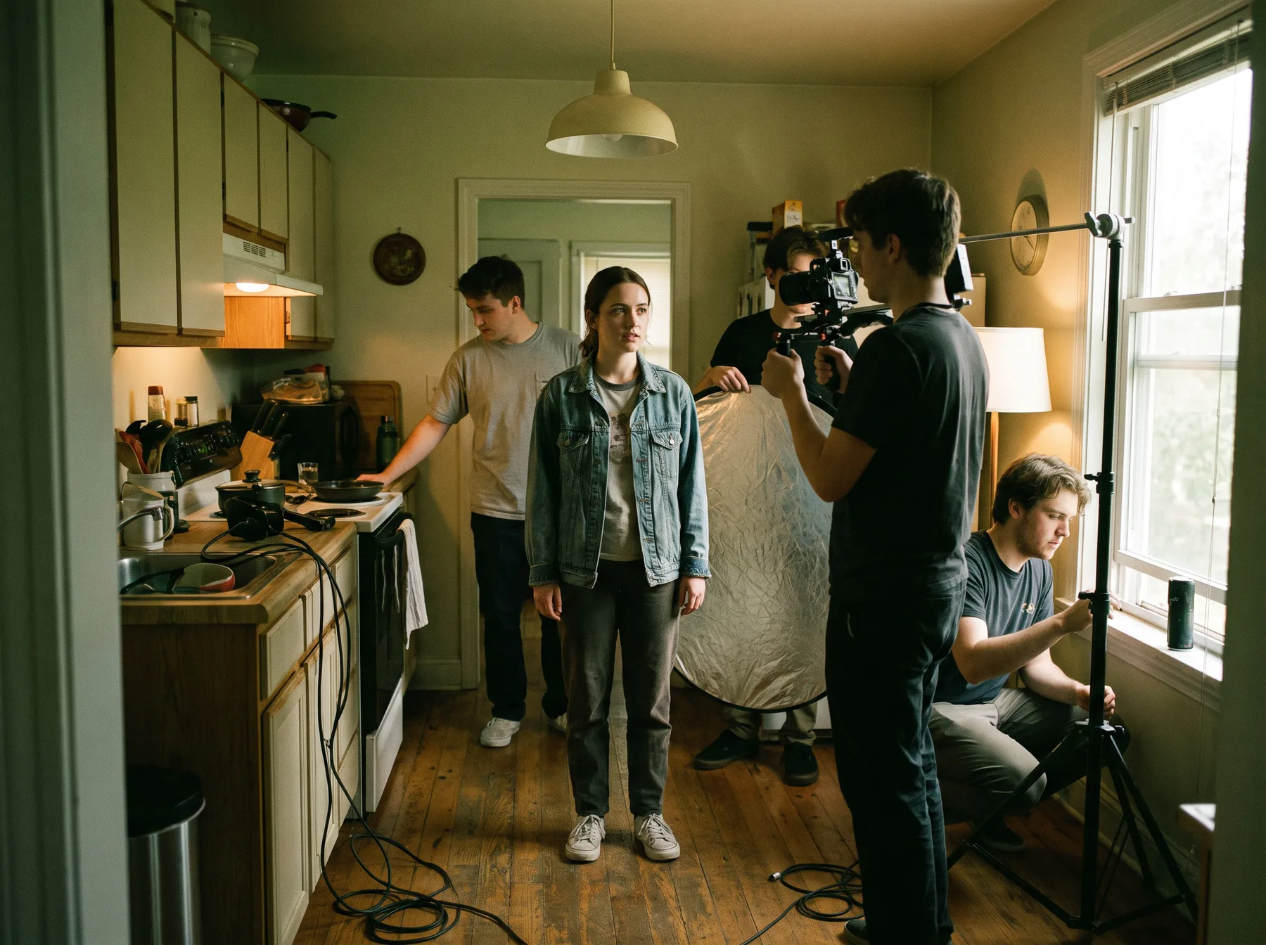 Emerging actors working together on an independent film set