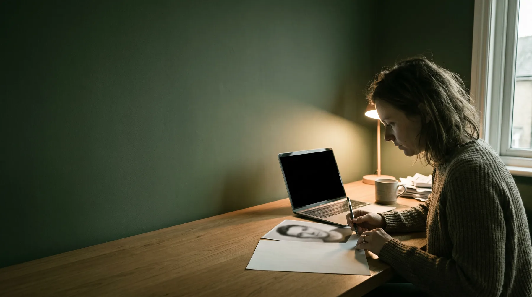 An actor thoughtfully preparing her acting r&eacute;sum&eacute; and headshot