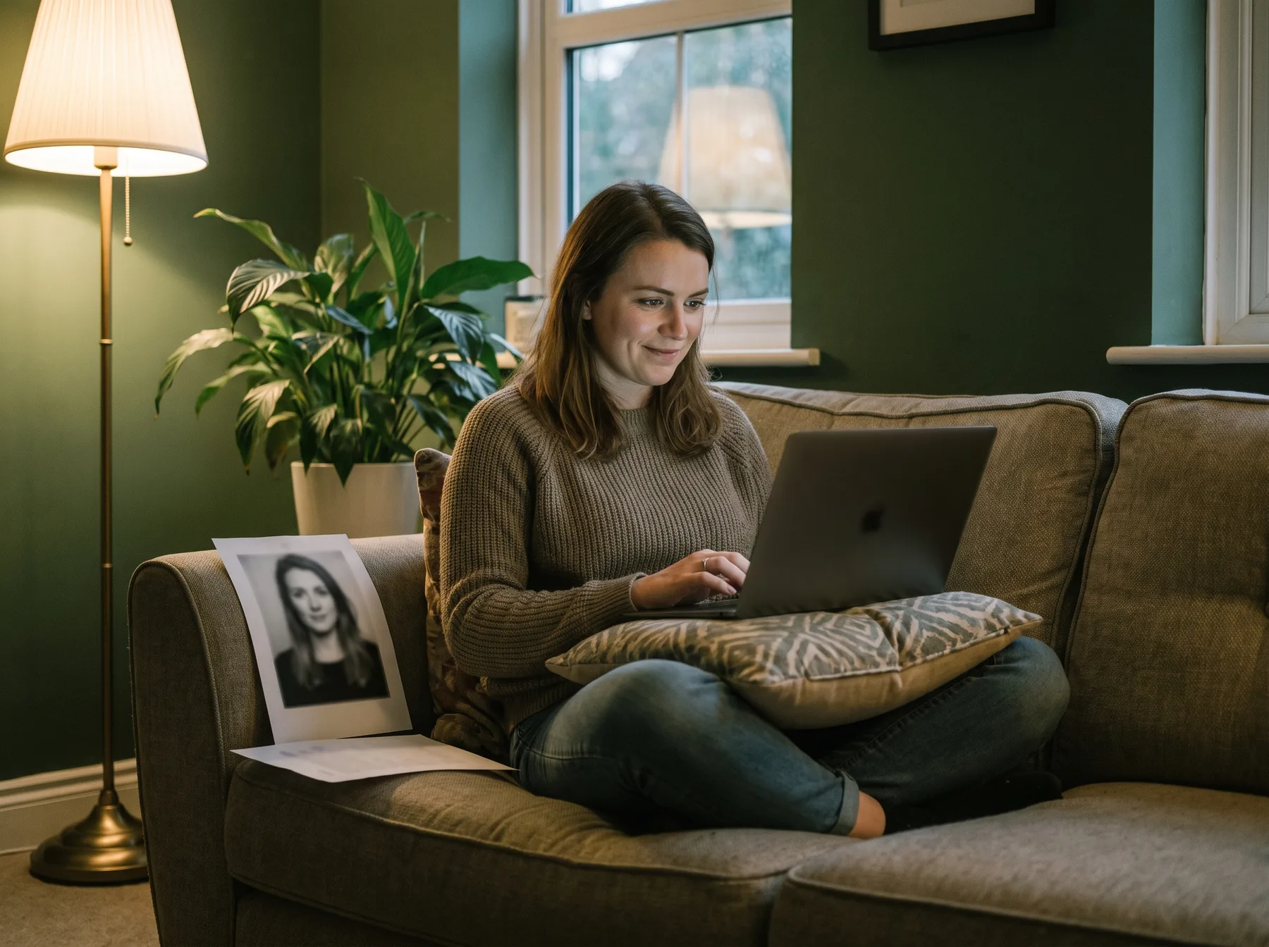 An actor building her r&eacute;sum&eacute; on a laptop at home